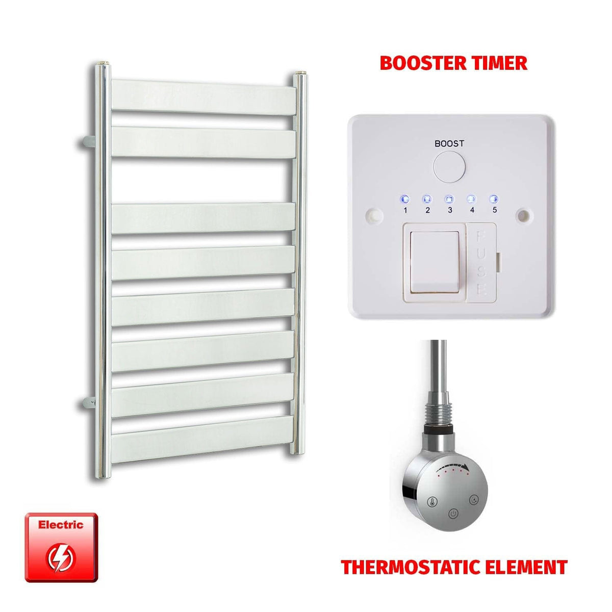 ER-Touch Thermostatic / Booster Timer 800 x 500 Chrome Flat Panel Pre-Filled Electric Heated Towel Rail HTR