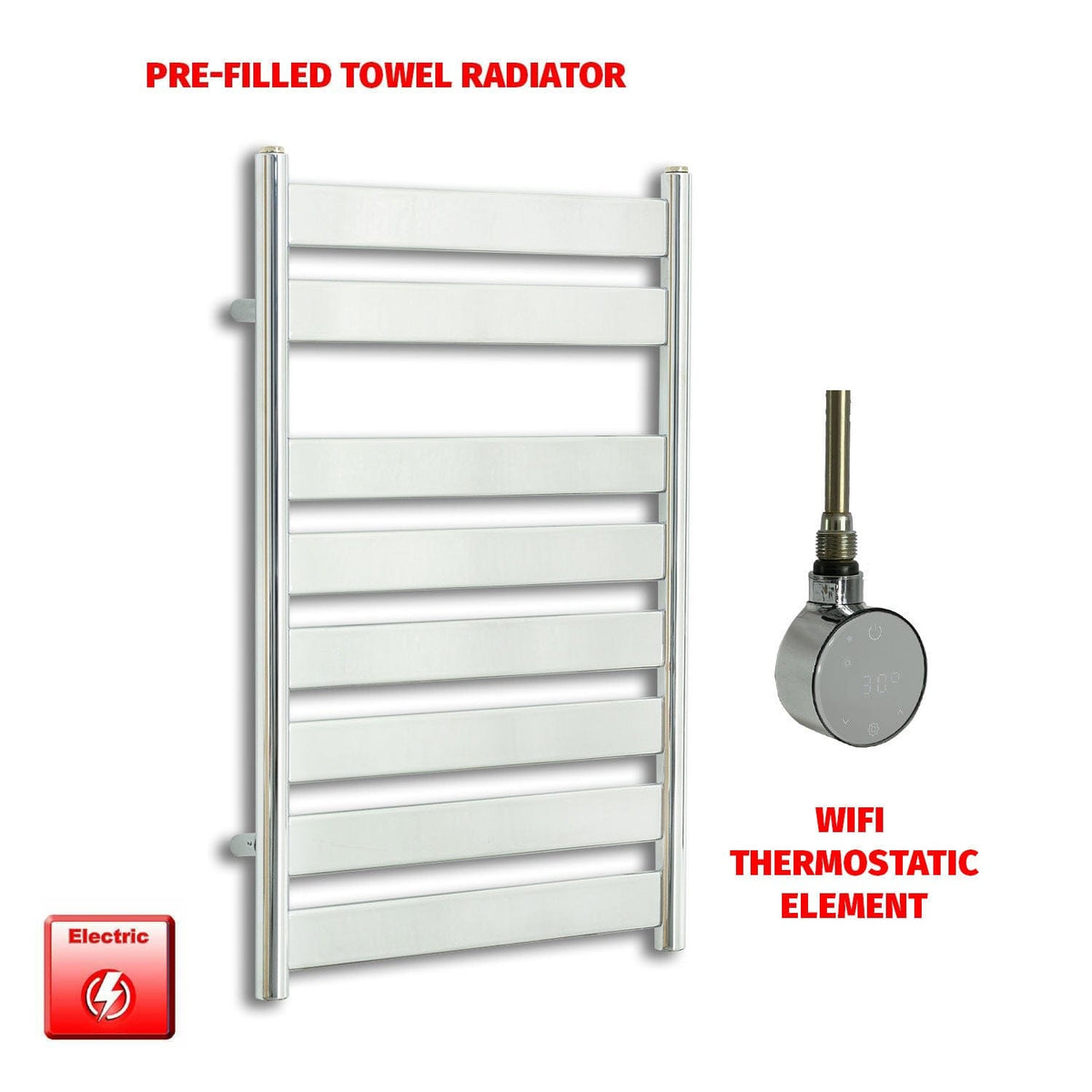 ER-Wifi Thermostatic / No Timer 800 x 500 Chrome Flat Panel Pre-Filled Electric Heated Towel Rail HTR