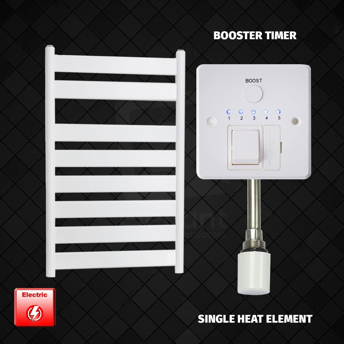 Single Heat / Booster Timer 800 x 500 White Flat Panel Pre-Filled Electric Heated Towel Radiator HTR