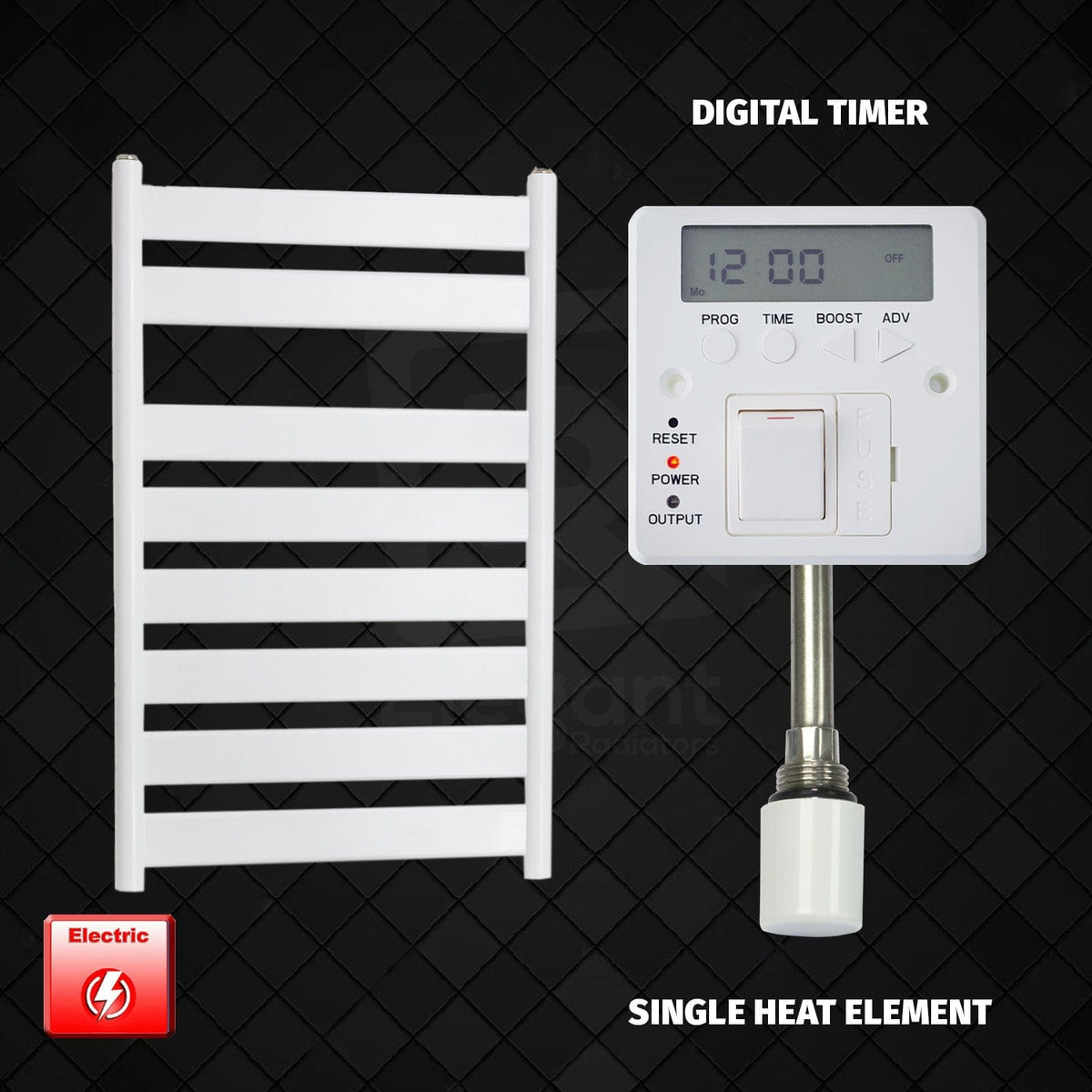 Single Heat / Digital Timer 800 x 500 White Flat Panel Pre-Filled Electric Heated Towel Radiator HTR