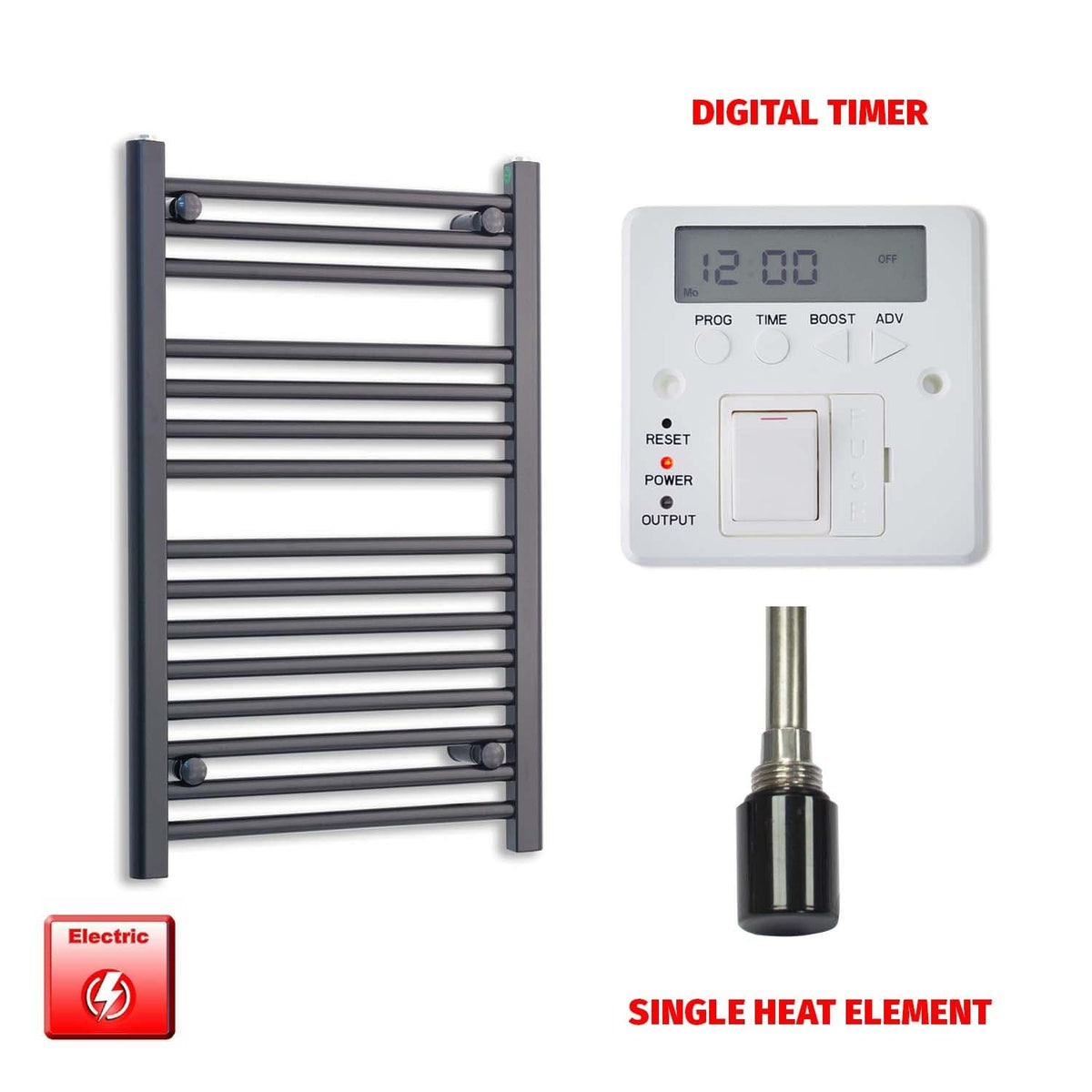 Single Heat / Digital Timer 800 x 550 Flat Black Pre-Filled Electric Heated Towel Radiator HTR