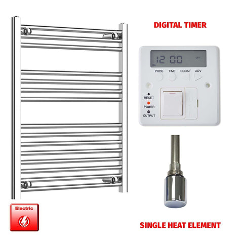 Flat / Single Heat / Digital Timer 800 x 600 Chrome Electric Heated Towel Rail Pre-Filled Bathroom Warmer