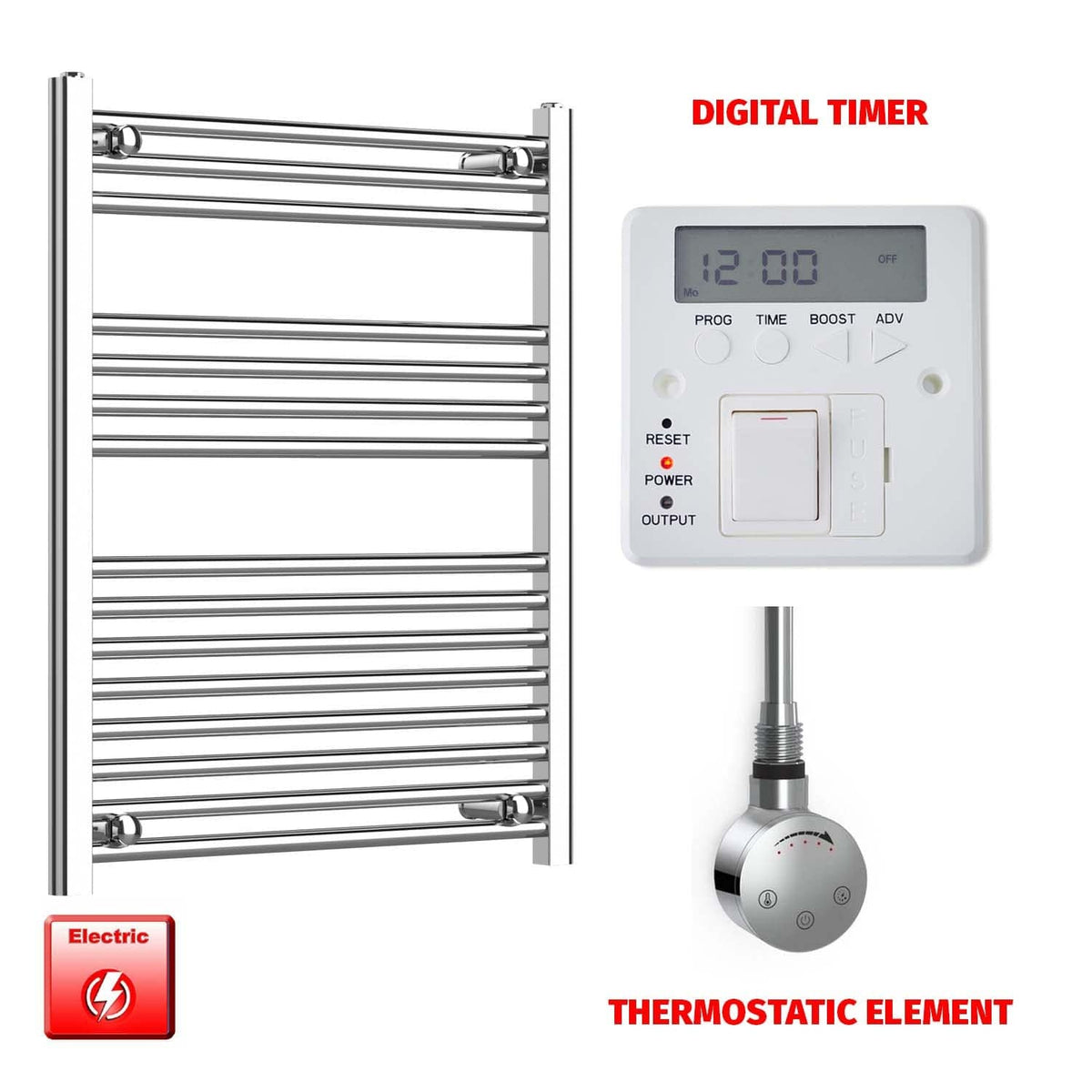 Flat / ER-Touch Thermostatic / Digital Timer 800 x 600 Chrome Electric Heated Towel Rail Pre-Filled Bathroom Warmer