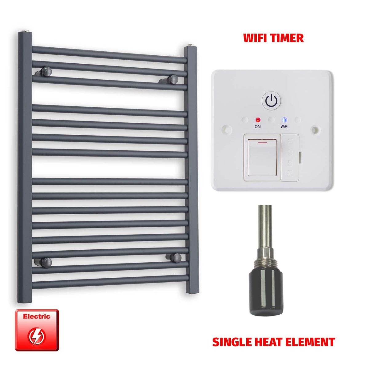 Single Heat / Wifi Timer 800 x 600 Flat Anthracite Pre-Filled Electric Heated Towel Rail HTR