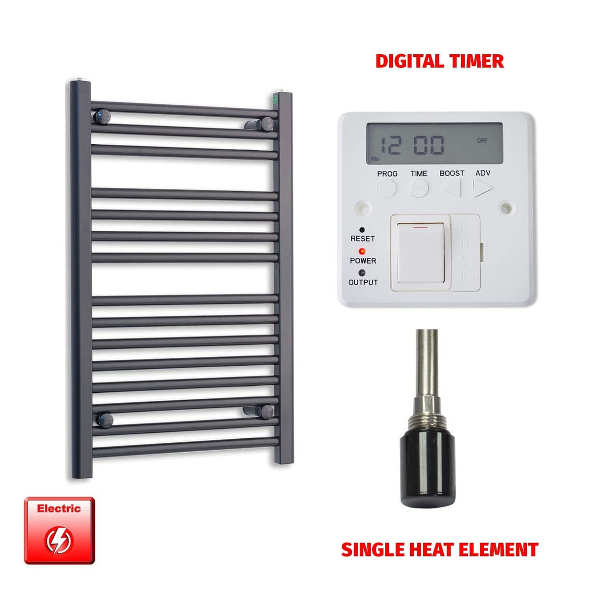 Single Heat / Digital Timer 800 x 600 Flat Black Pre-Filled Electric Heated Towel Radiator HTR