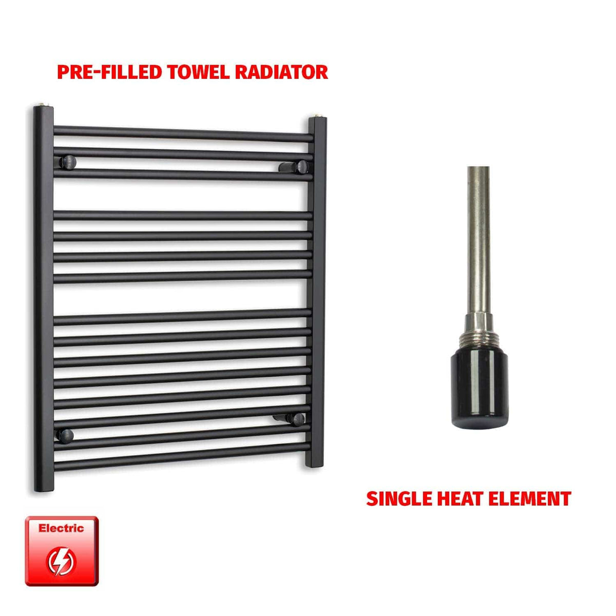 Single Heat / No Timer 800 x 700 Flat Black Pre-Filled Electric Heated Towel Radiator HTR