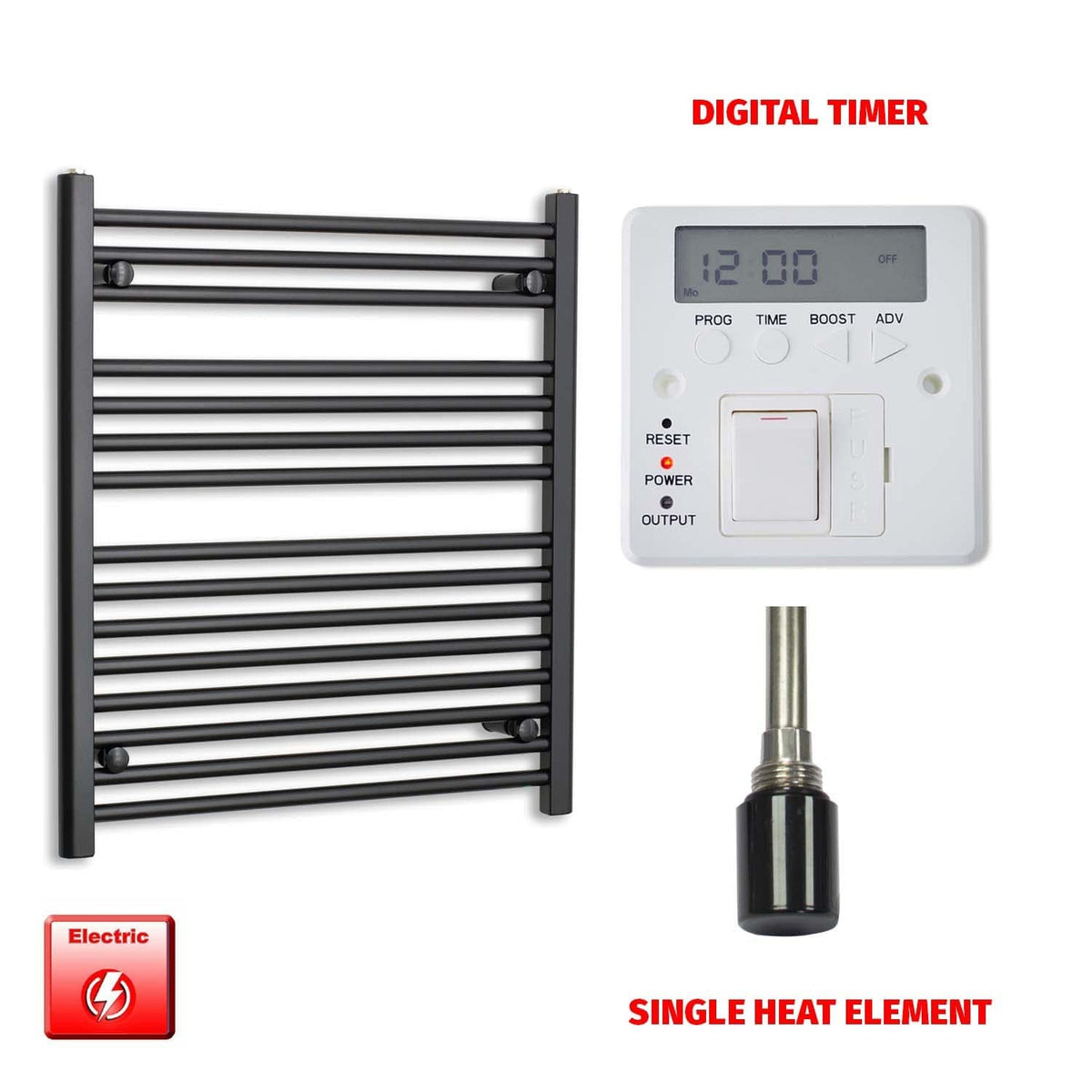 Single Heat / Digital Timer 800 x 700 Flat Black Pre-Filled Electric Heated Towel Radiator HTR