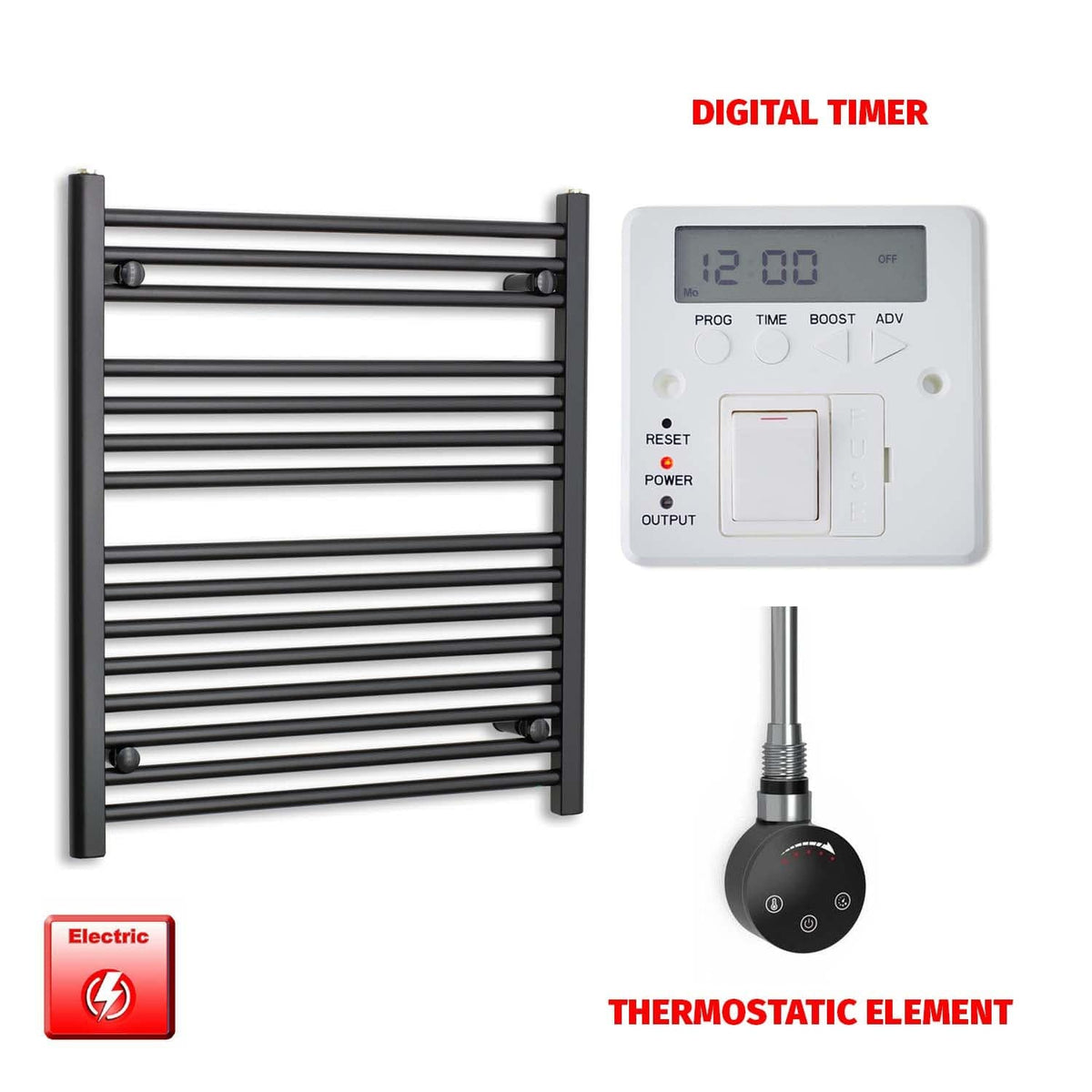 ER-Touch Thermostatic / Digital Timer 800 x 700 Flat Black Pre-Filled Electric Heated Towel Radiator HTR