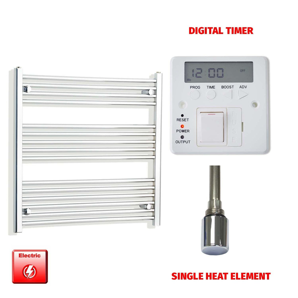 Flat / Single Heat / Digital Timer 800 x 750 Pre-Filled Electric Heated Towel Radiator Chrome