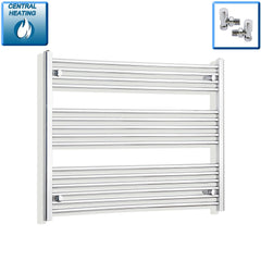 With Angled Valves 800mm High 1100mm Wide Flat Chrome Heated Towel Rail