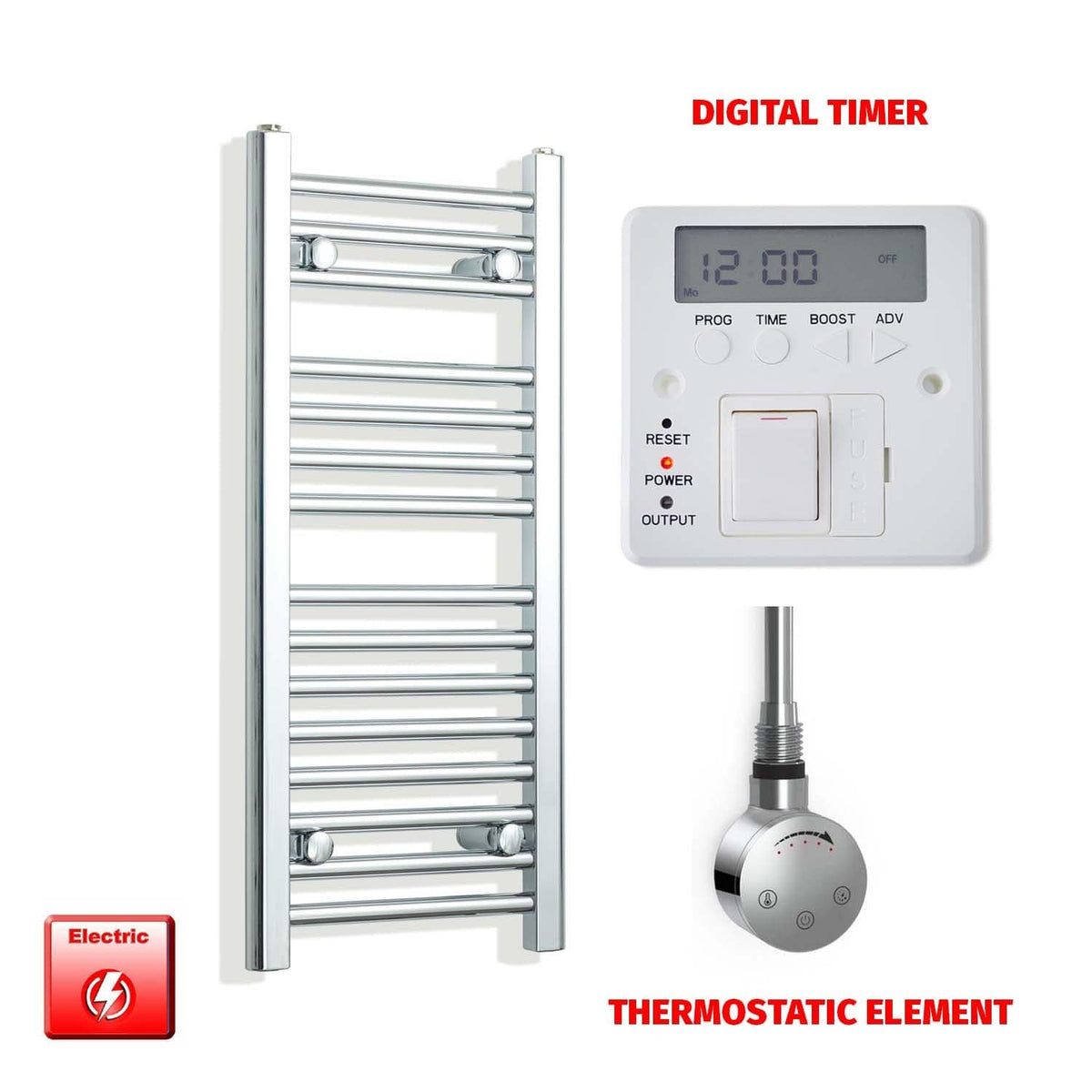 ER-Touch Thermostatic / Digital Timer 800mm High 350mm Wide Pre-Filled Electric Heated Chrome Towel Rail