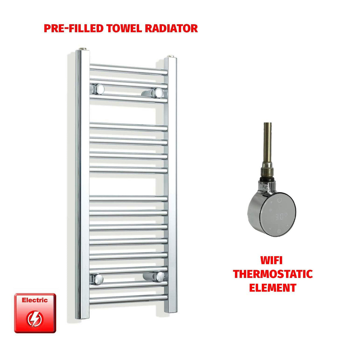 ER-Wifi Thermostatic / No Timer 800mm High 350mm Wide Pre-Filled Electric Heated Chrome Towel Rail