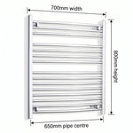800mm High x 700mm Wide Heated Straight Towel Radiator Chrome - Elegant Radiators