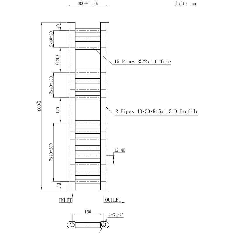 800x200mm Heated Straight Towel Rail Radiator Chrome - Elegant Radiators