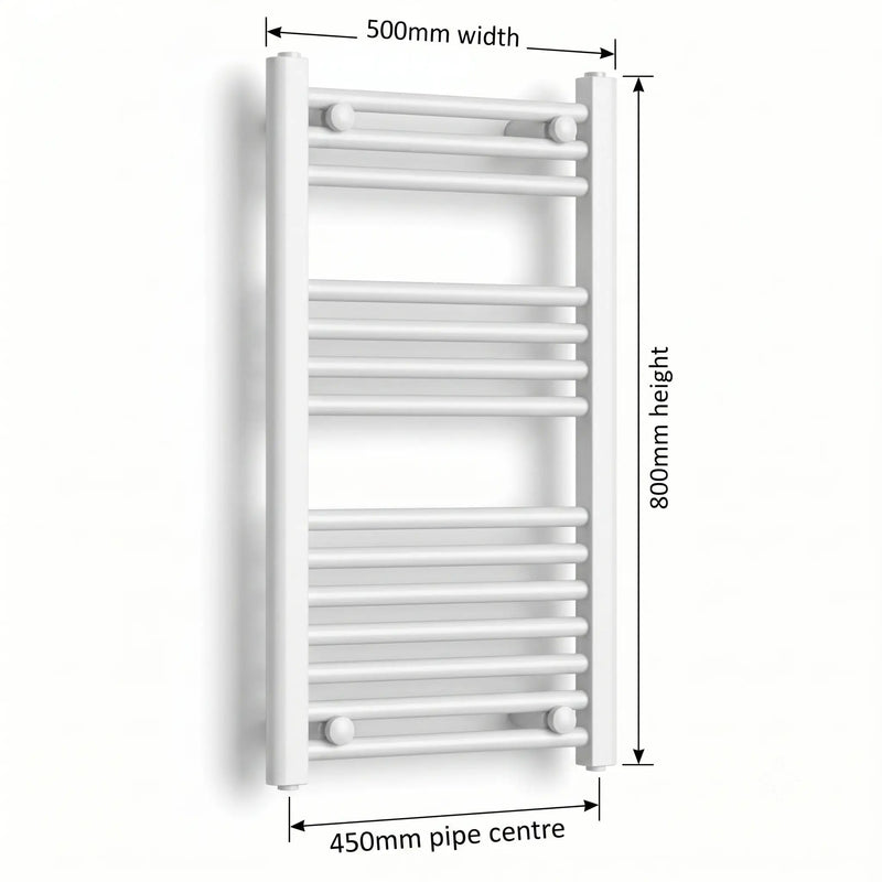 800x500mm Heated Towel Rail Flat White Central Heating - Elegant Radiators