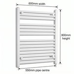 800x600mm Heated Towel Rail Flat White Central Heating - Elegant Radiators