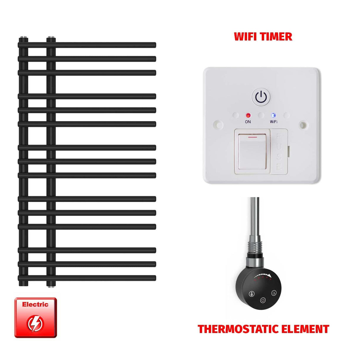 ER-Touch Thermostatic / Wifi Timer 900 x 500 Difta Pre-Filled Electric Heated Towel Radiator Flat Black