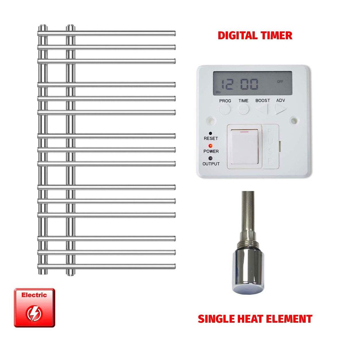 Single Heat / Digital Timer 900 x 500 Difta Pre-Filled Electric Heated Towel Radiator Flat Chrome