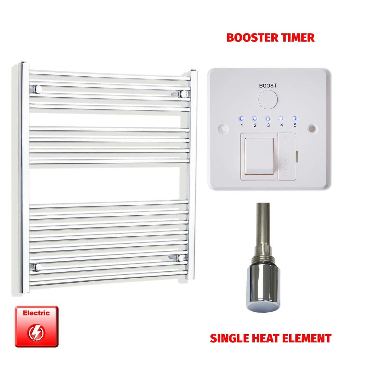 Single Heat / Booster Timer 900 x 800 Pre-Filled Electric Heated Towel Rail Straight Chrome