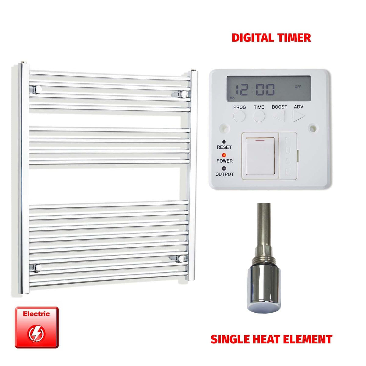 Single Heat / Digital Timer 900 x 800 Pre-Filled Electric Heated Towel Rail Straight Chrome