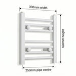 Dimension diagram: Flat White 300mm x 400mm ladder towel rail with pipe centre measurement