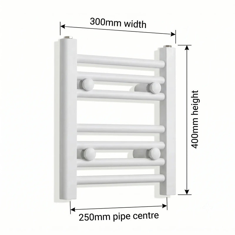 Dimension diagram: Flat White 300mm x 400mm ladder towel rail with pipe centre measurement