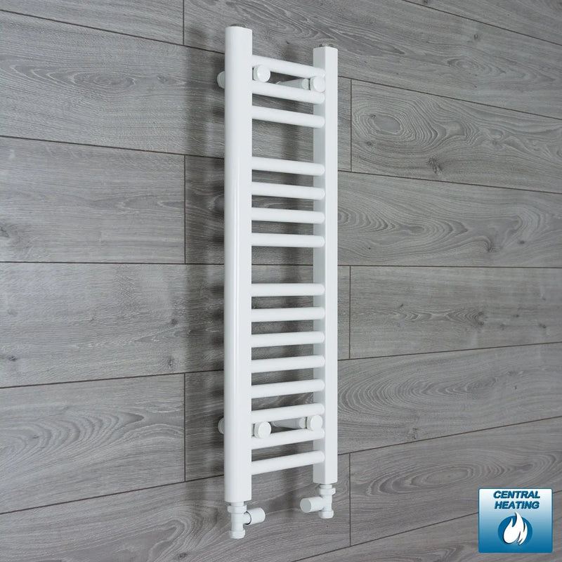 Flat White 800mm x 200mm ladder towel rail with straight inline valve connections