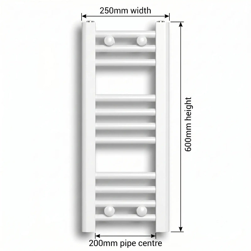 Dimension diagram: Flat White 250mm x 600mm ladder towel rail with pipe centre measurement