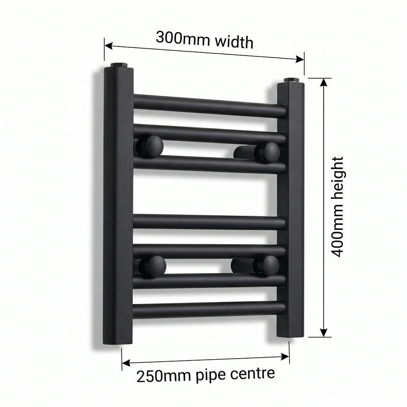 400 mm High x 300 mm Wide Flat Black Heated Towel Radiator