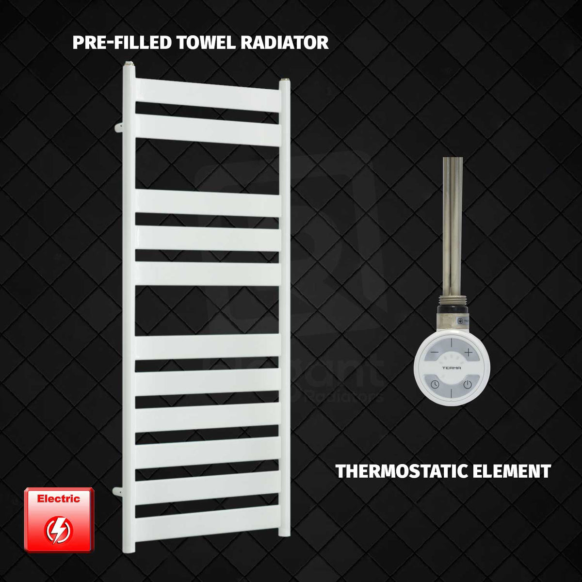 1200 x 500 White Flat Panel Pre-Filled Electric Heated Towel Rail HTR