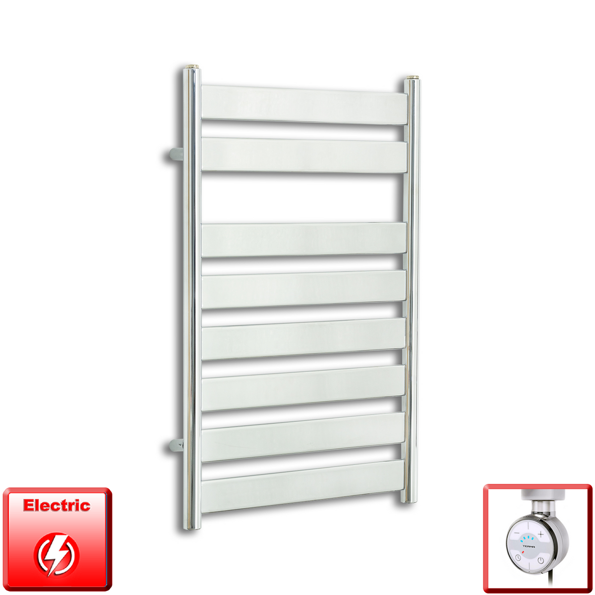 500mm Wide 800mm High Pre-Filled Chrome Electric Towel Rail Radiator With Thermostatic MOA Element