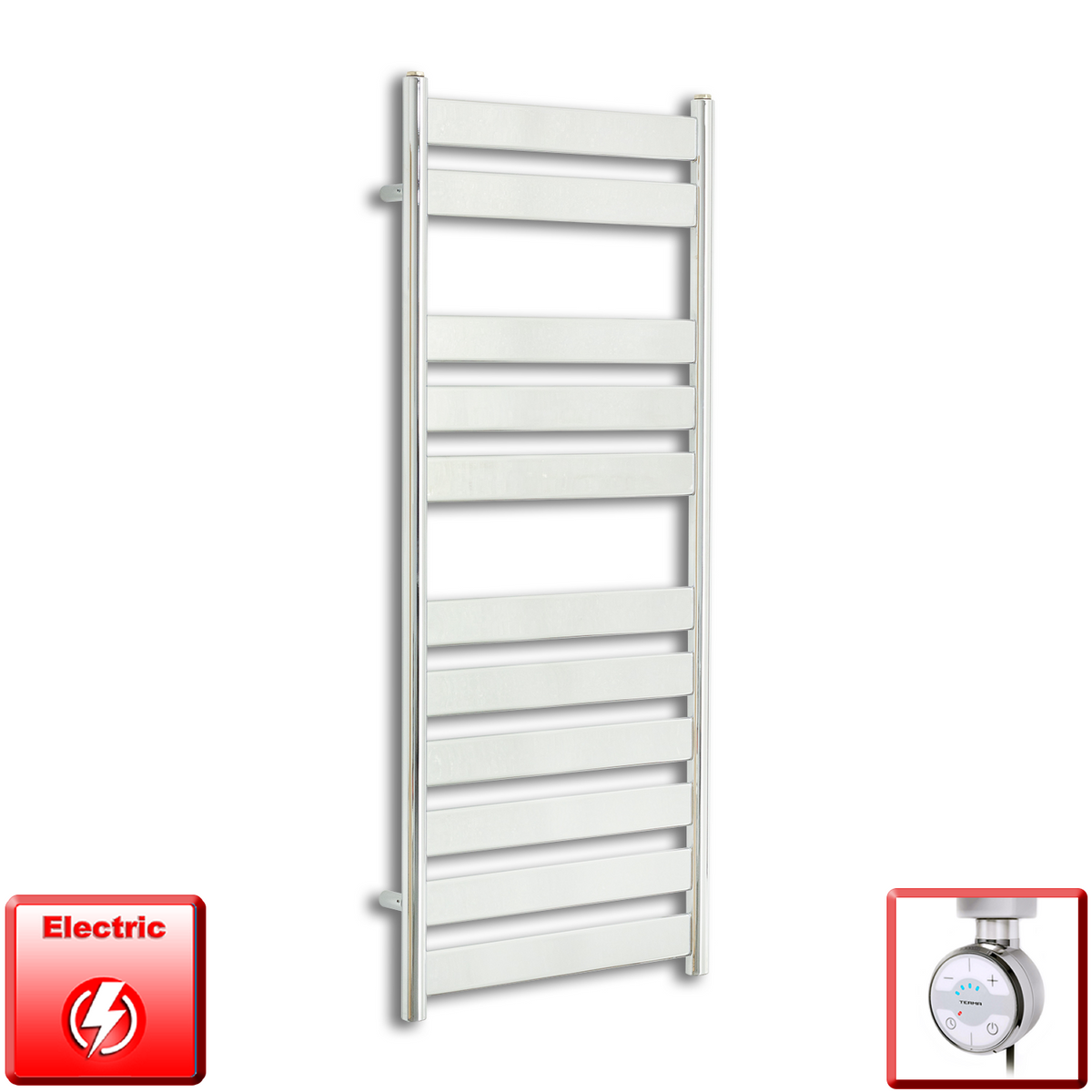 500mm Wide 1200mm High Pre-Filled Chrome Electric Towel Rail Radiator With Thermostatic MOA Element