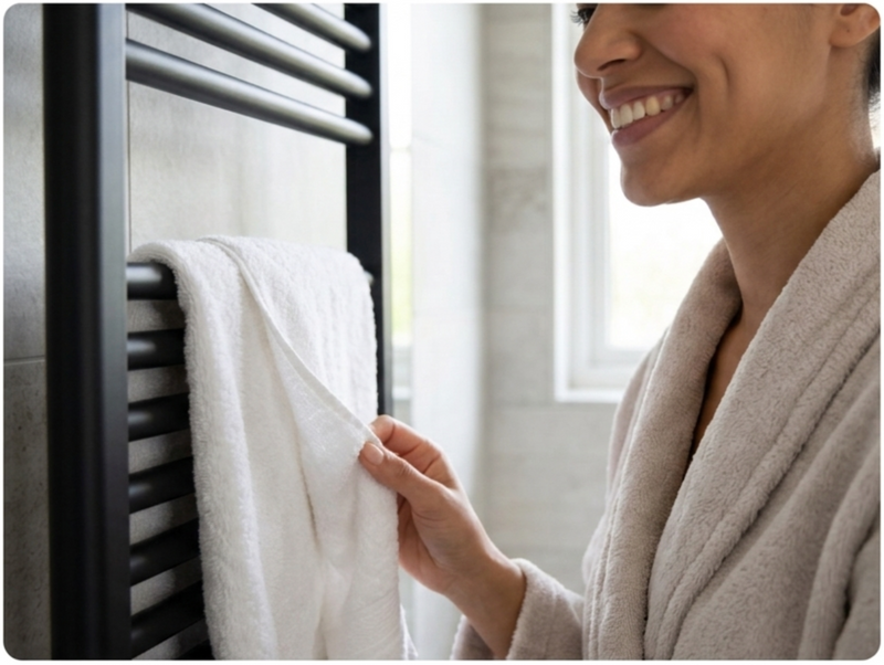 Person in a robe taking a white towel from a radiator in a bathroom.
