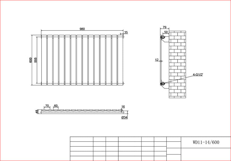 Anthracite Horizontal Column Panel Radiator 600 Height – Single/Double