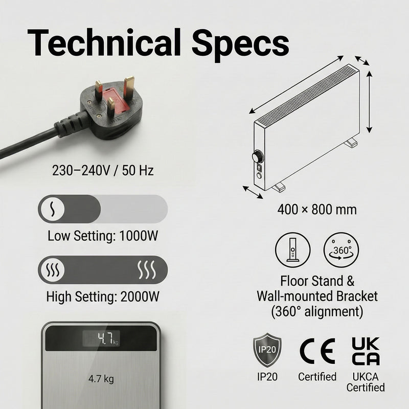 Electric Convector Heater 2000W - Portable Radiator with Adjustable Thermostat