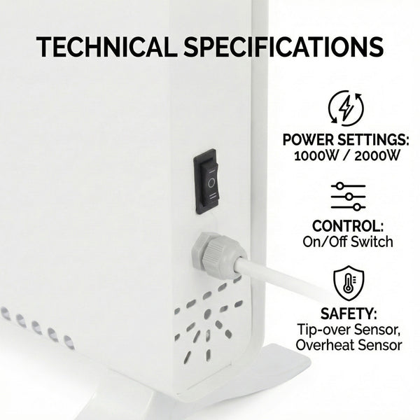 Electric Convector Heater 2000W - Portable Freestanding Radiator, 2 Heat Settings
