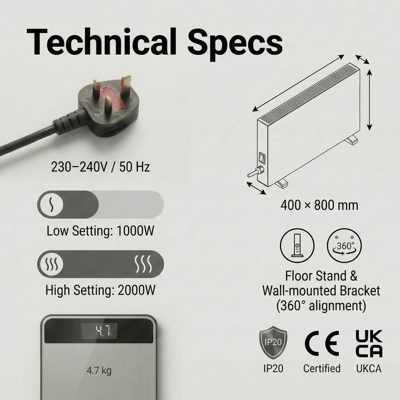Electric Convector Heater 2000W - Portable Freestanding Radiator, 2 Heat Settings