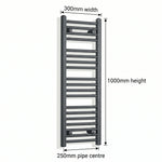 300mm x 1000mm Anthracite Flat Towel Rail Dimensions and Specification Diagram