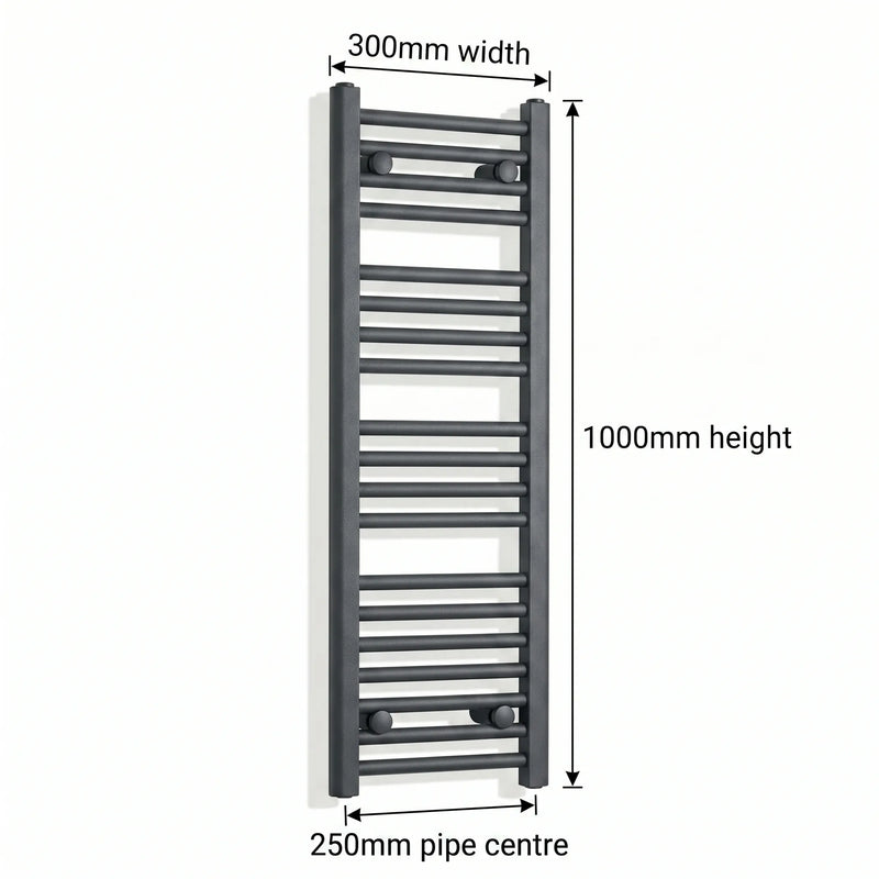 300mm x 1000mm Anthracite Flat Towel Rail Dimensions and Specification Diagram