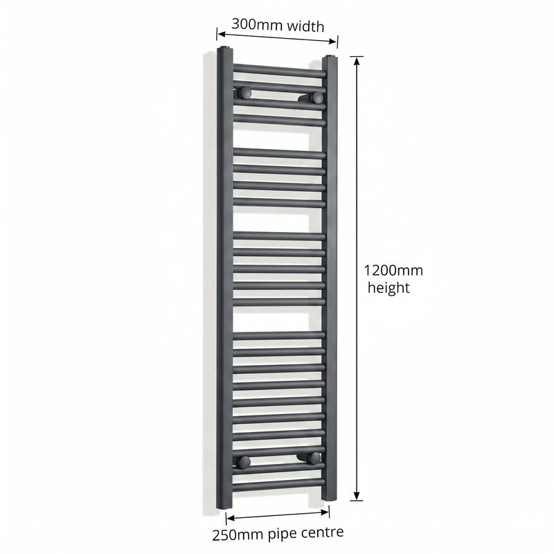 300mm x 1200mm Anthracite Flat Towel Rail Dimensions and Specification Diagram