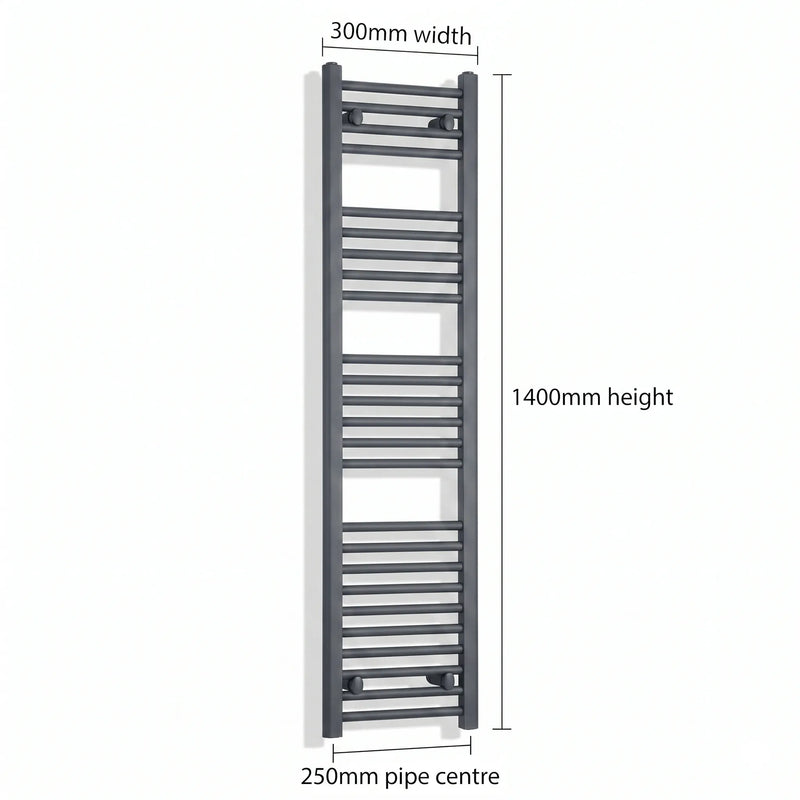 300mm x 1400mm Anthracite Flat Towel Rail Dimensions and Specification Diagram