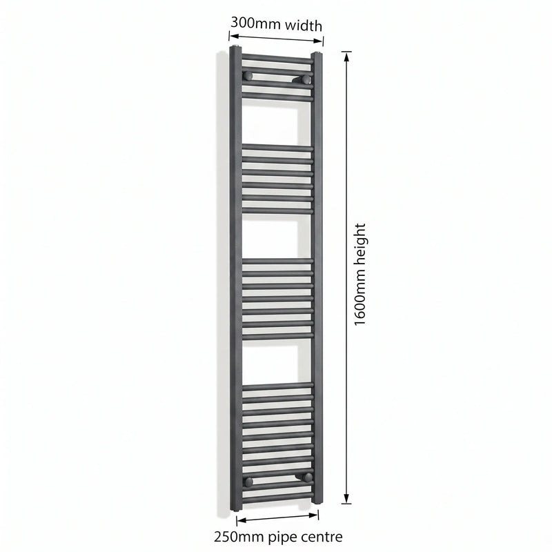 300mm x 1600mm Anthracite Flat Towel Rail Dimensions and Specification Diagram