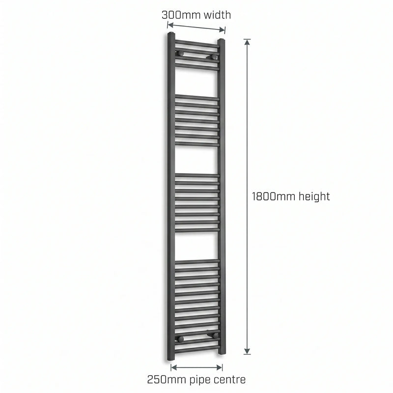 300mm x 1800mm Anthracite Flat Towel Rail Dimensions and Specification Diagram