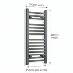 300mm x 800mm Anthracite Flat Towel Rail Dimensions and Specification Diagram
