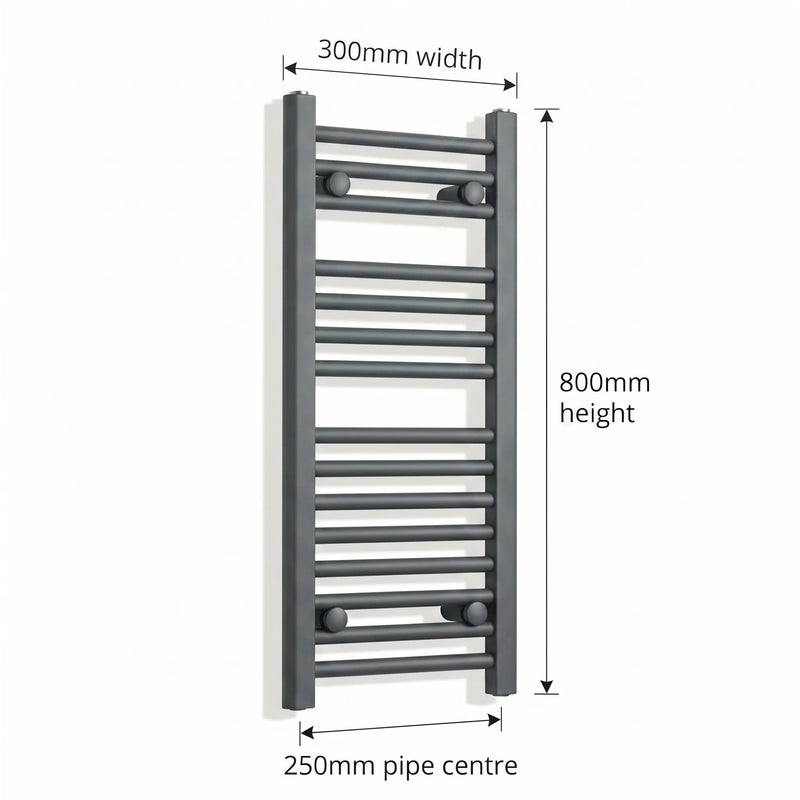 300mm x 800mm Anthracite Flat Towel Rail Dimensions and Specification Diagram