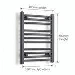 400mm x 600mm Anthracite Flat Towel Rail Dimensions and Specification Diagram
