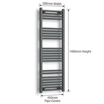 500mm x 1400mm Anthracite Flat Towel Rail Dimensions and Specification Diagram
