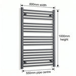 600mm x 1000mm Anthracite Flat Towel Rail Dimensions and Specification Diagram