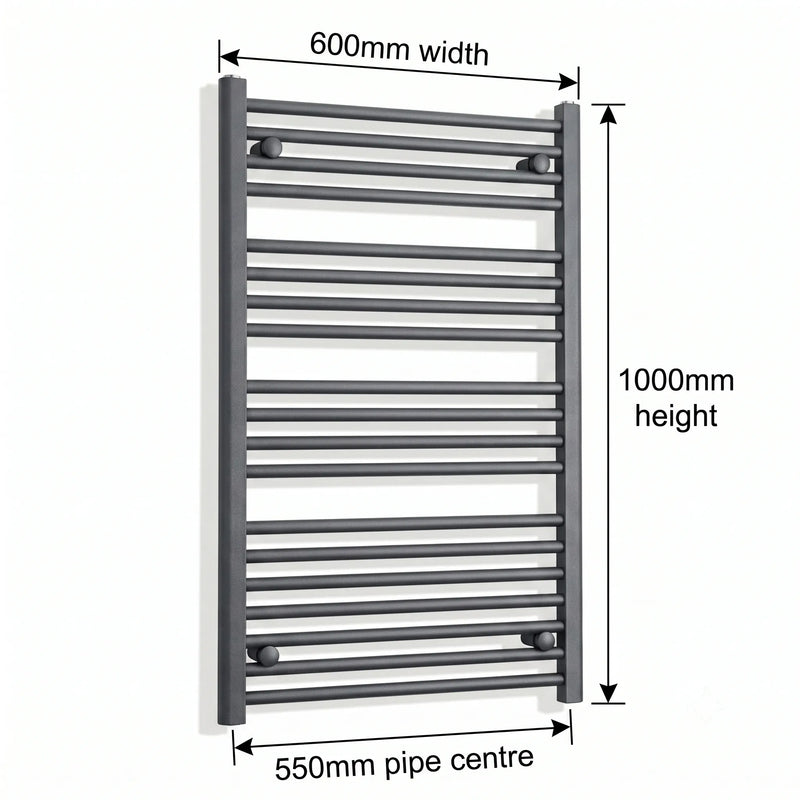 600mm x 1000mm Anthracite Flat Towel Rail Dimensions and Specification Diagram