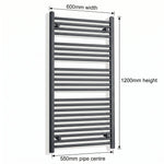 600mm x 1200mm Anthracite Flat Towel Rail Dimensions and Specification Diagram